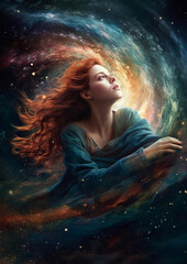 Abstract illustration beautiful woman floating in the galaxy space backgrounds., imagination of dreams concept. Generative Ai - 589297345