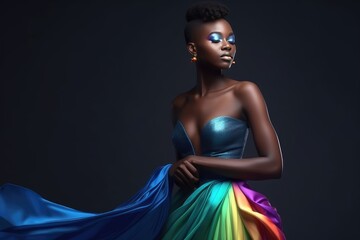 Black or african american fictional (AI) lesbian person in rainbow dress at high school prom, created with generative ai - obrazy, fototapety, plakaty