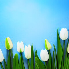 white spring flowers. white  tulips. Vector beautiful template with realistic bright tulips . Blue  blur background, flower’s petals and effect bokeh. with a copy-space