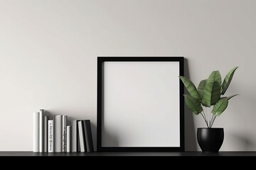 Black & White empty square frame mockup in the modern minimalist interior with plant in trendy vase on white wall background, Mockup Frame, Artwork template, Black and White Frame