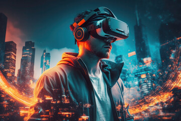 Metaverse technology is revolutionizing the digital world with its immersive experience, as a man wearing VR goggles plays an AR game showcasing the endless possibilities of futuristic metaverse GameF