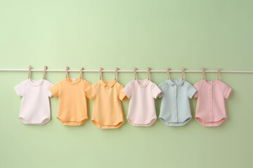 Baby clothes in pastel colors on line hanger in a row. Background of a green grass colored wall.  Creative concept for a children's clothing store, children's fashion banner. Generative AI