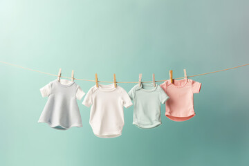 Baby clothes in pastel colors on line hanger in a row. Background of a mint colored wall.  Creative concept for a children's clothing store, children's fashion banner. Generative AI