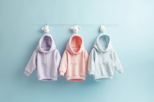 Three kids hoodies in pastel colors hang on line hanger in a row. Background of a blue colored wall.  Creative concept for a children's clothing store, children's fashion banner. Generative AI