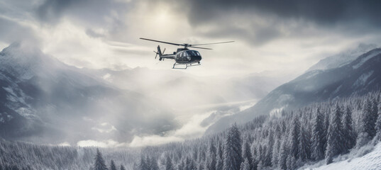 Fototapeta na wymiar Image of Helicopter Flying over Snowy Mountain Valley