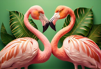Fototapeta na wymiar Love concept, two flamingos kissing. Pink background with tropical leaf. Generative AI