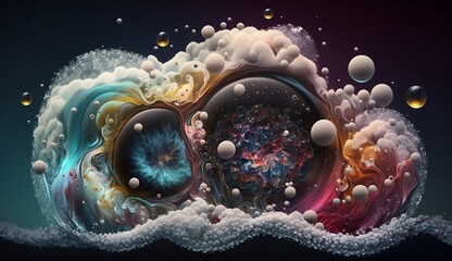 Quantum realm, a microscopic universe with particles and atoms floating in a void, set against a colorful and chaotic background of quantum foam, generative AI
