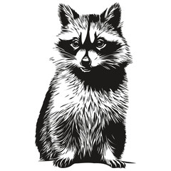 Raccoon  vintage illustration, black and white vector art
