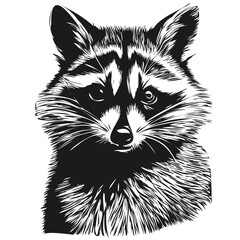 Raccoon  vintage illustration, black and white vector art