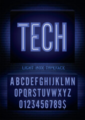 Vector tech night light box sign and narrow blue neon font with numbers on dark brick wall background