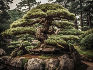 A majestic and timeless view of a pine tree in a Japanese garden