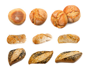 Freshly Baked Bread Mix Set Isolated, Little Loaf of Rustic Italian Cereal Breads, Different Buns...