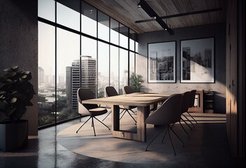 Contemporary concrete and light wooden industrial style meeting room interior with window and city view. Workplace and presentation concept. 3D Rendering. Generative AI