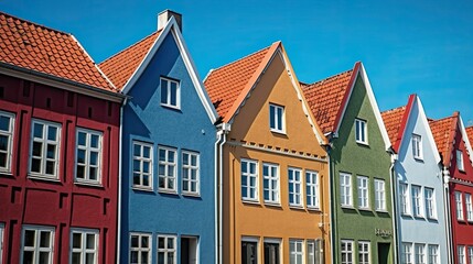 Fototapeta na wymiar Colorful facade of traditional northern european houses. Generative AI illustration. 