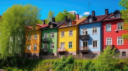 Fototapeta na wymiar Colorful houses facade in a norwegian style. Generative AI illustration.