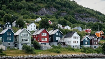 Fototapeta na wymiar Colorful traditional swedish houses in the mountains. Generative AI illustration.