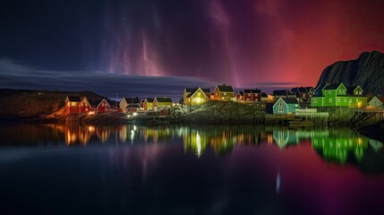 Fototapeta premium Northern lights over a coastal city in Norway at night. Generative AI illustration.