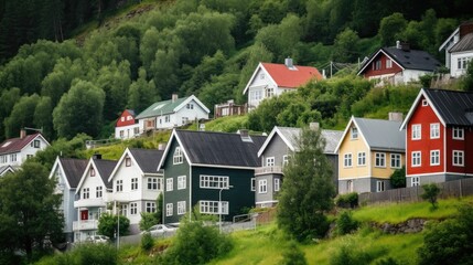 Fototapeta na wymiar Colorful scandinavian houses in the hills. Generative AI illustration.