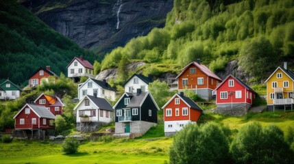 Fototapeta na wymiar Colorful traditional scandinavian houses in the mountains. Generative AI illustration.
