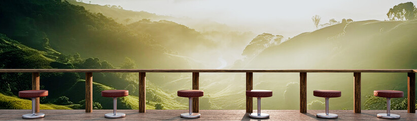 Fototapeta premium A restaurant or coffee shop has a mountainous landscape and some morning mist. The sunlight on the top of the hill. Balcony or terrace Plank floors and long tables made of wood and timber.3d Rendering