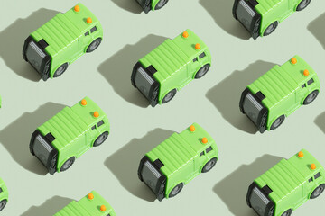 Patten from toy garbage truck and recycle text on a green background