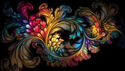 Illustration of a colorful abstract floral design on a black background, in the style of baroque, for wedding cards, desktop wallpaper, Generative AI