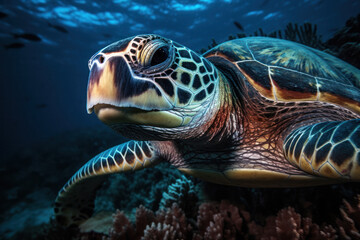 Obraz na płótnie Canvas Graceful Sea Turtle Portrait Swimming in the Ocean