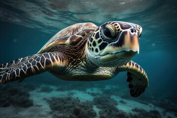 Graceful Sea Turtle Portrait Swimming in the Ocean
