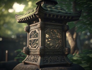 A detailed and textured view of a traditional stone lantern in a Japanese garden