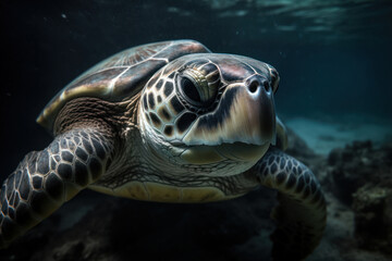 Fototapeta premium Graceful Sea Turtle Portrait Swimming in the Ocean