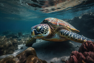 Fototapeta premium Graceful Sea Turtle Portrait Swimming in the Ocean