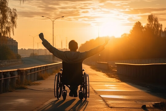 Man sitting in a wheelchair with his arms outstretched illuminated by the rays of sunset on pathway in park, created with Generative AI