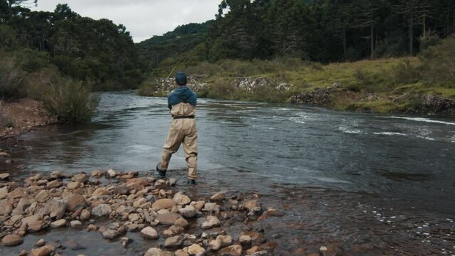Fly fishing. Fisherman in waders casts the line and fishing on the river