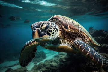 Graceful Sea Turtle Portrait Swimming in the Ocean