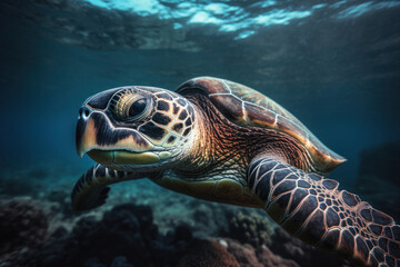 Graceful Sea Turtle Portrait Swimming in the Ocean