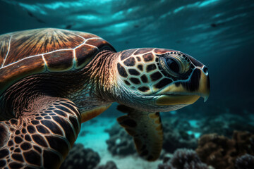 Fototapeta premium Graceful Sea Turtle Portrait Swimming in the Ocean