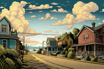 quaint coastal beach town houses with big sky with puffy cumulous clouds illustration, drawing
