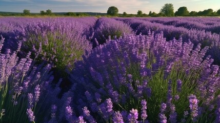 Obraz premium Lavender field - beautiful, violet, fragrant, endless. Flowers - fragrant, violet, beautiful, dense. Scent - soft, delicate, summery. Sky - blue, clear, cloudless. Sun - bright, wa Generative AI