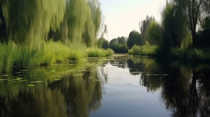 Fototapeta na wymiar Nature - beautiful, picturesque, amazing. River - young, clean, transparent. Reeds - tall, green, swaying. Lilies - white, delicate, fragrant, beautiful. Willow - branching, green, Generative AI