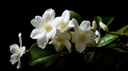 Fototapeta na wymiar Branch: delicate, beautiful, elegant, fragrant, fresh, light, simple, aromatic, romantic, graceful, unpretentious. Jasmine: tender, beautiful, fragrant, elegant, snow-white, affect Generative AI