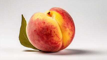 A beautiful ripe peach on a white background looks incredibly appetizing and attractive. Its shape is round and symmetrical, and the color is bright and juicy. The peach looks fres Generative AI