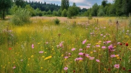 Meadow, beautiful, nature, greenery, multicolored, wildflowers, field, bright, saturated, summer, grasses, picturesque, fragrance, freshness, landscape, tranquility, softness, beau Generative AI