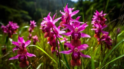 Obraz premium Nature, beautiful, field, wild orchids, beautiful, bright, green, many, background, mountains, streams, blooming, bright red, white, purple, rare, captivating, amazing, exotic, bea Generative AI