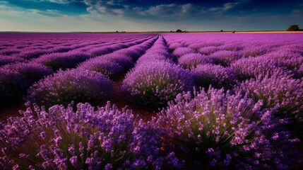 Plakat Lavender field - beautiful, violet, fragrant, endless. Flowers - fragrant, violet, beautiful, dense. Scent - soft, delicate, summery. Sky - blue, clear, cloudless. Sun - bright, wa Generative AI