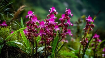 Obraz premium Nature, beautiful, field, wild orchids, beautiful, bright, green, many, background, mountains, streams, blooming, bright red, white, purple, rare, captivating, amazing, exotic, bea Generative AI