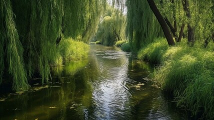 Obraz premium Nature - beautiful, picturesque, amazing. River - young, clean, transparent. Reeds - tall, green, swaying. Lilies - white, delicate, fragrant, beautiful. Willow - branching, green, Generative AI