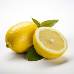 Generate a description of one and a half lemons on a white background in 200 words. Use only nouns and adjectives. Separate the words with commas. Generative AI