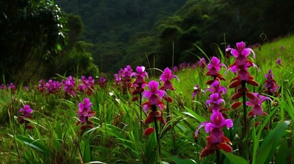 Obraz premium Nature, beautiful, field, wild orchids, beautiful, bright, green, many, background, mountains, streams, blooming, bright red, white, purple, rare, captivating, amazing, exotic, bea Generative AI