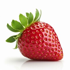 Generate a description of a handful of large strawberry berries and a half of a berry in 200 words. Use only nouns and adjectives. Separate the words with commas. Generative AI