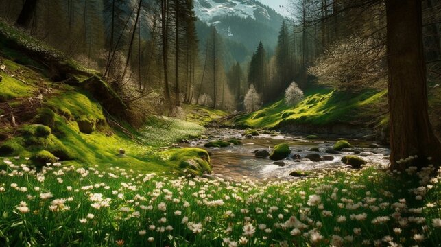 Spring nature - beautiful, fresh, awakening. Mountains - high, snowy, majestic. Waterfalls - beautiful, powerful, noisy. Forests - green, dense, smells of coniferous trees. Flowers Generative AI